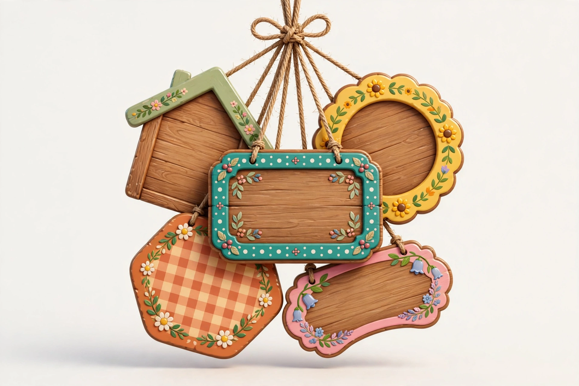 3D illustration of cute farmhouse-style wooden home signs