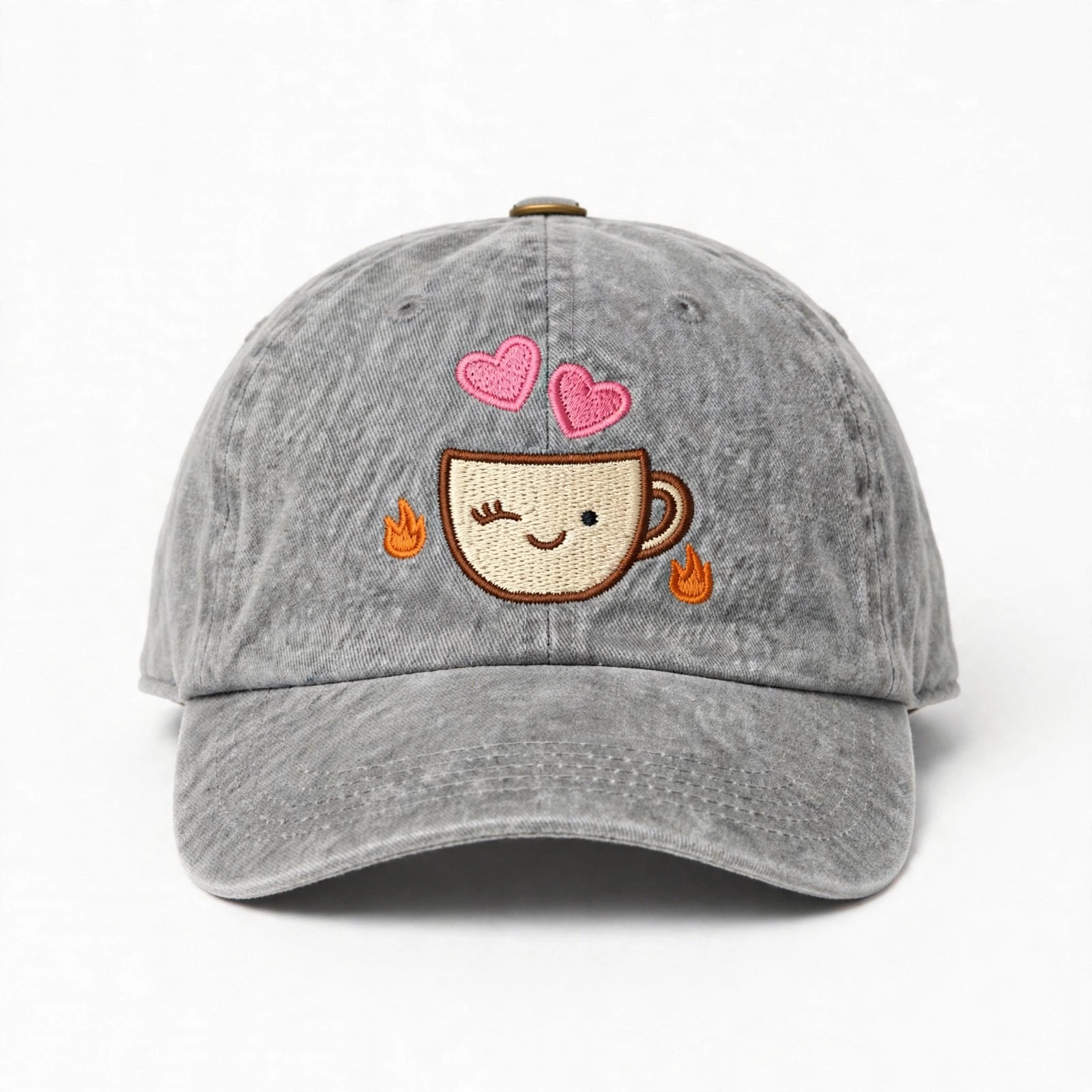 Hotter Than Your Coffee Hat — gray dad hat with embroidered coffee cup