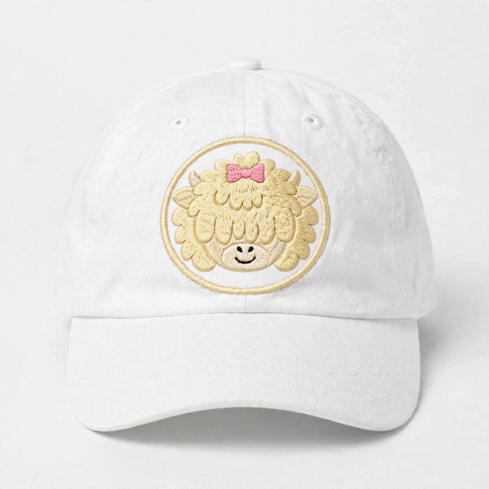 Highland Cow Hat — white dad hat with embroidered highland cow