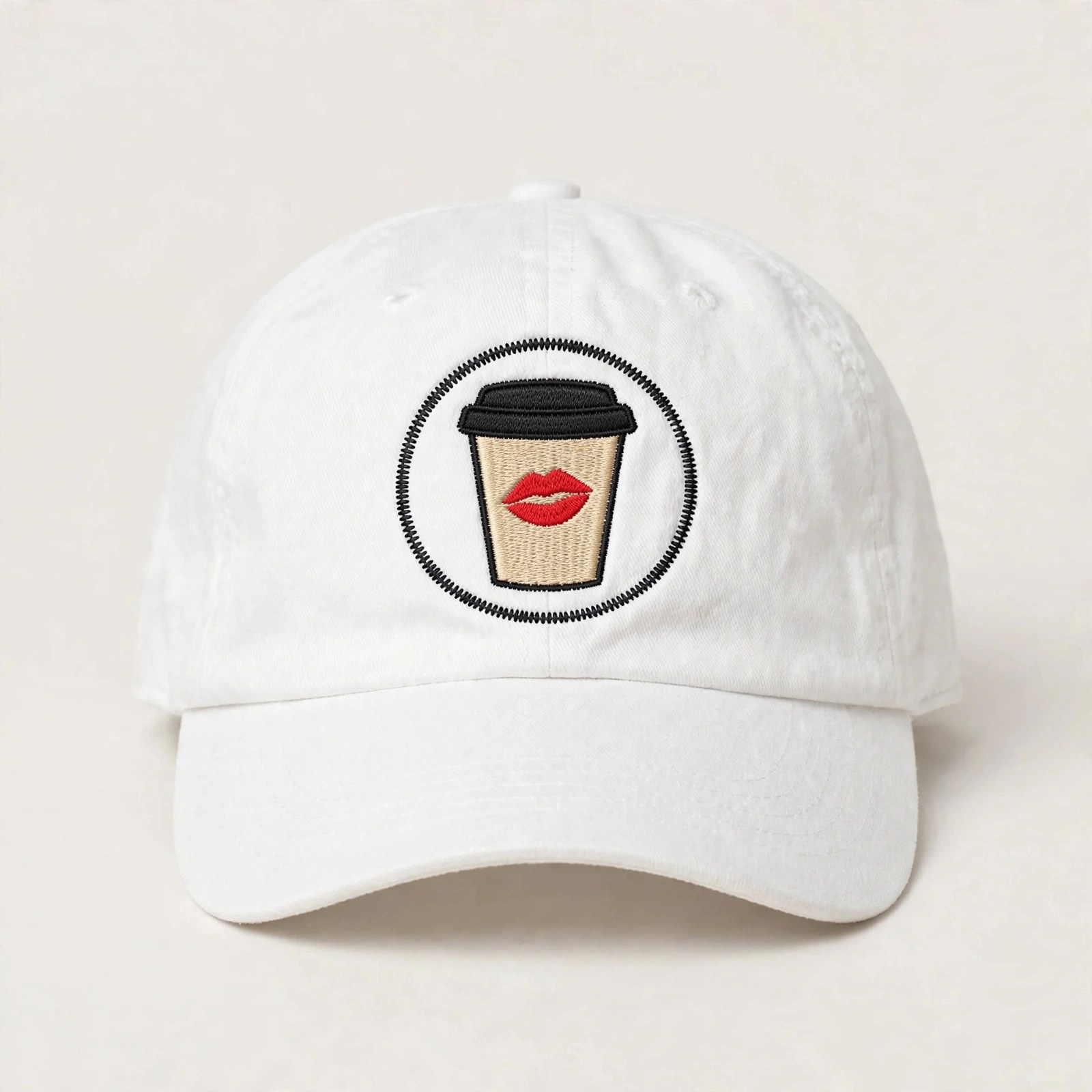 Lipstick and Lattes Hat — white dad hat with embroidered coffee cup