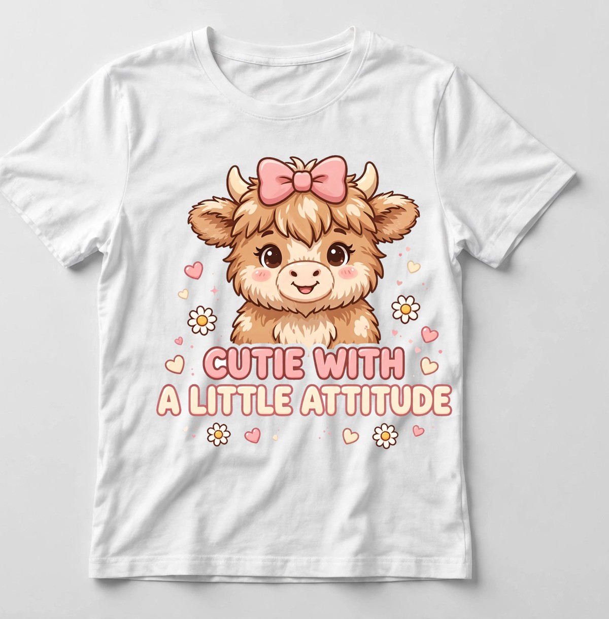 Cutie With a Little Attitude shirt — white tee with a fluffy highland cow