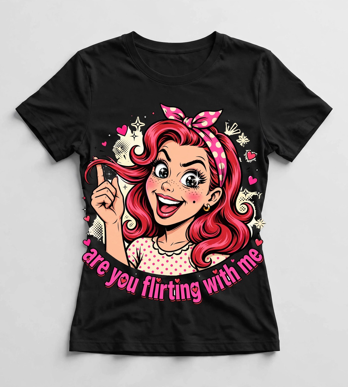 Are You Flirting With Me shirt — black tee with a pop-art pin-up design
